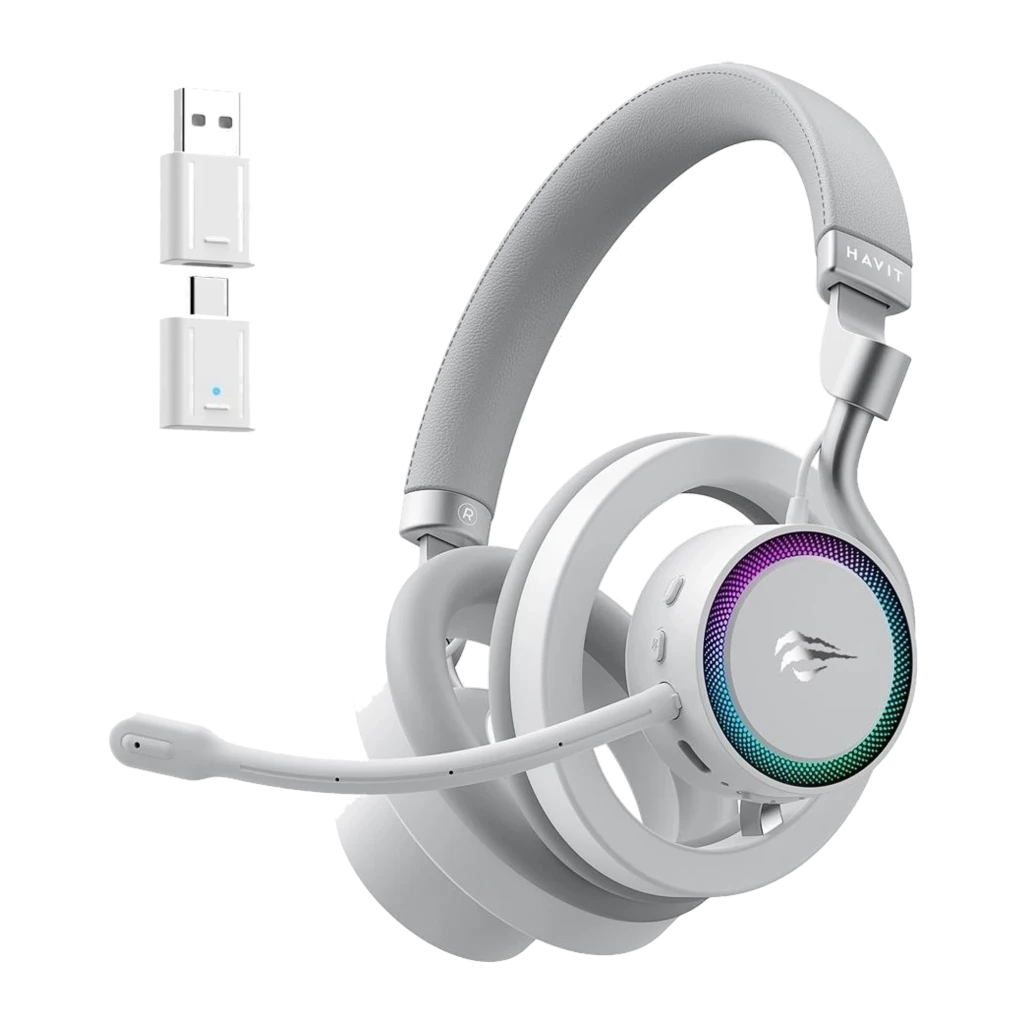Havit Fuxi-H8 blanco, vista frontal: auriculares con diadema acolchada, almohadillas y micrófono flexible - Ítem5