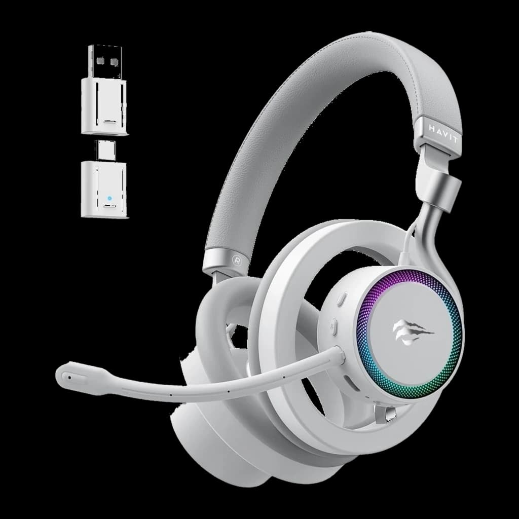 Havit Fuxi-H8 blanco, kit lateral derecho: auriculares RGB sin micrófono visible y receptor USB en esquina superior