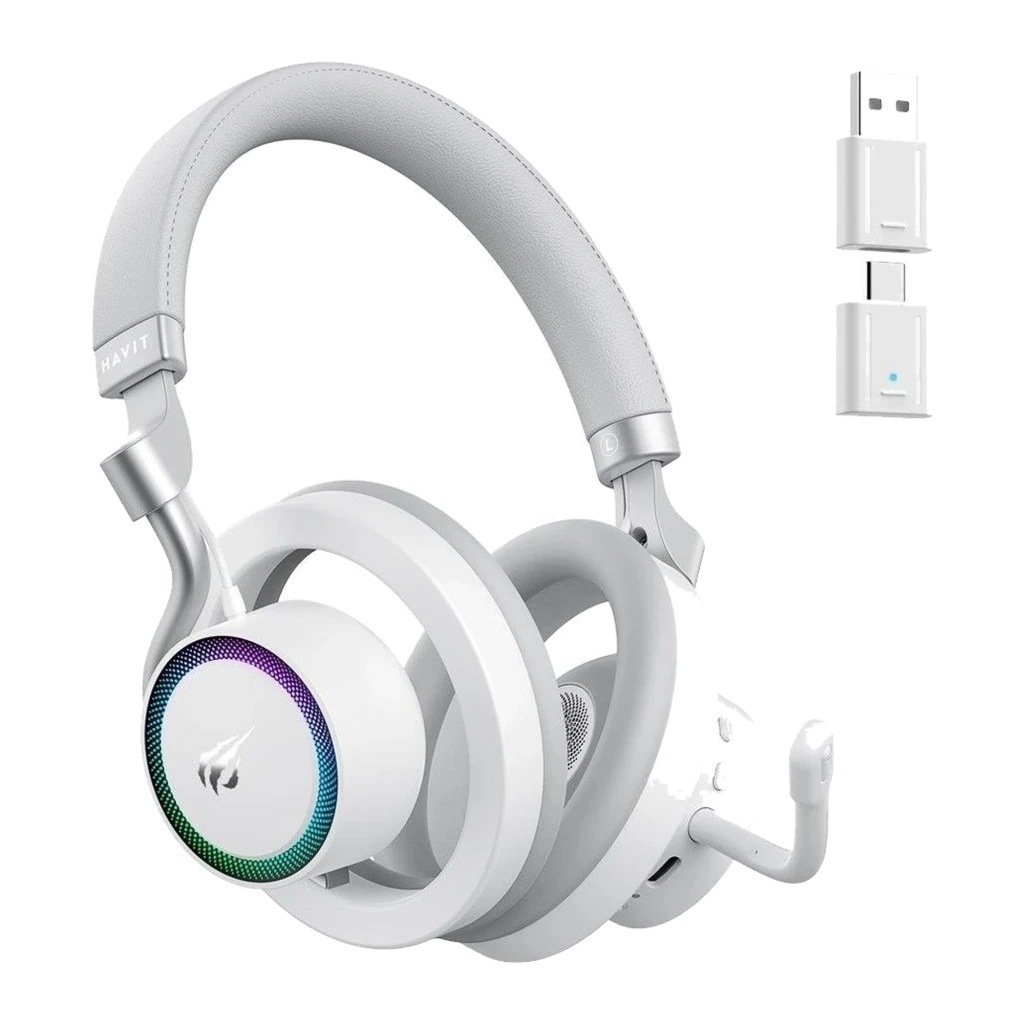 Havit Fuxi-H8 blanco, vista frontal: auriculares con diadema acolchada, almohadillas y micrófono flexible - Ítem6