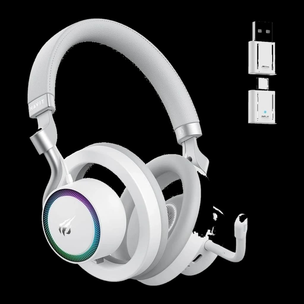 Havit Fuxi-H8 blanco, kit vista lateral izquierda: copa con aro RGB y logo Havit, adaptadores USB en esquina