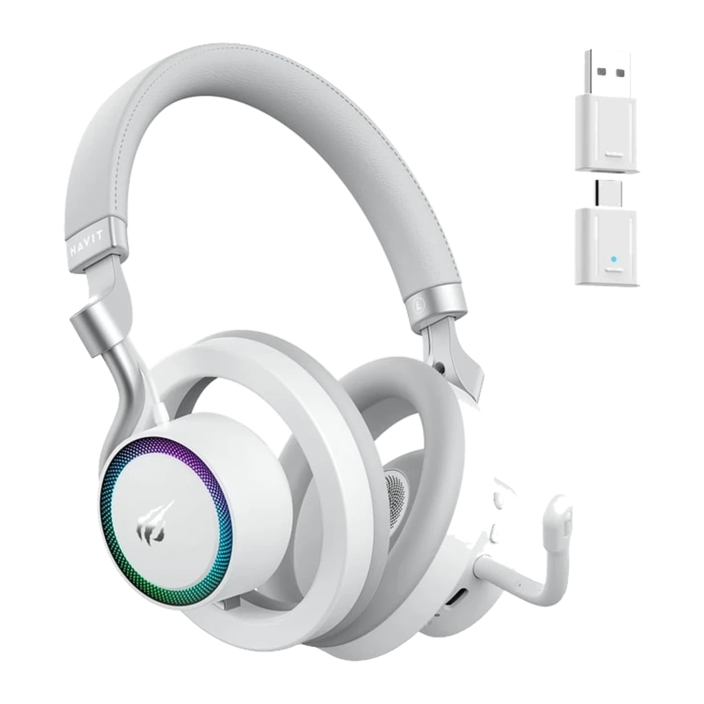 Havit Fuxi-H8 blanco, vista frontal: auriculares con diadema acolchada, almohadillas y micrófono flexible - Ítem7