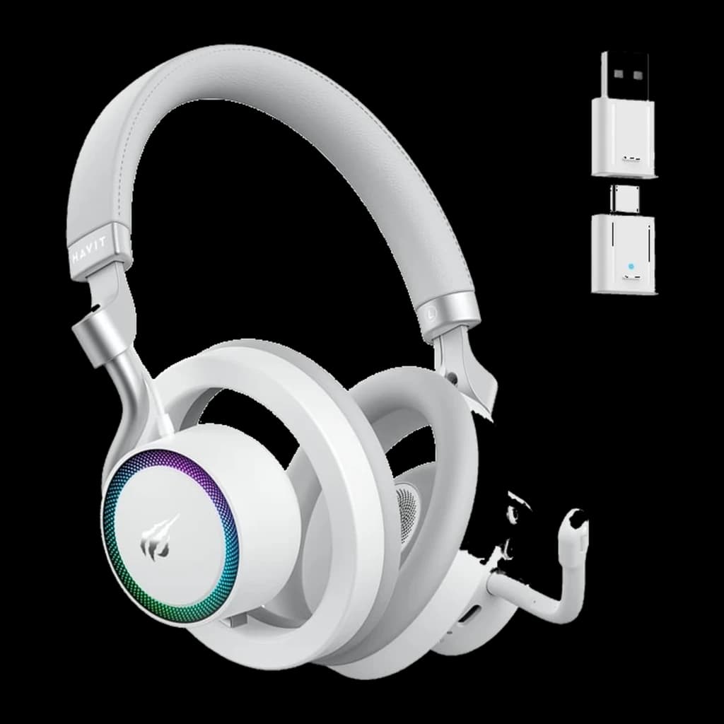 Havit Fuxi-H8 blanco, kit vista lateral izquierda: copa RGB con logo Havit y micrófono plegado, dongles USB