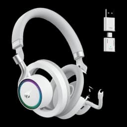 Havit Fuxi-H8 blanco, kit vista lateral izquierda: copa RGB con logo Havit y micrófono plegado, dongles USB