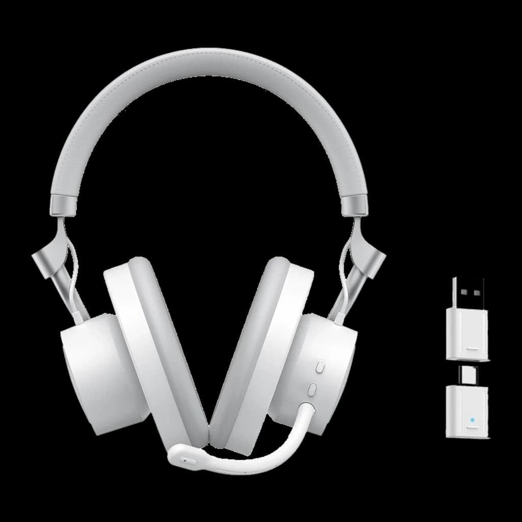 Havit Fuxi-H8 blanco, kit vista frontal: auriculares con micrófono flexible y receptor USB-A junto al producto