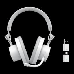 Havit Fuxi-H8 blanco, kit vista frontal: auriculares con micrófono flexible y receptor USB-A junto al producto