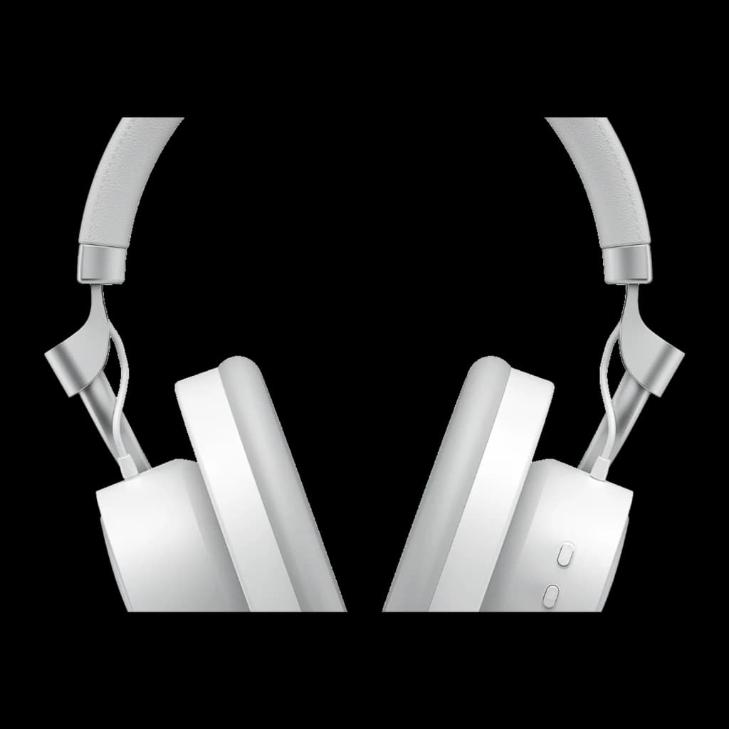 Havit Fuxi-H8 blanco, detalle frontal: almohadillas y articulaciones metálicas de los auriculares sin micrófono