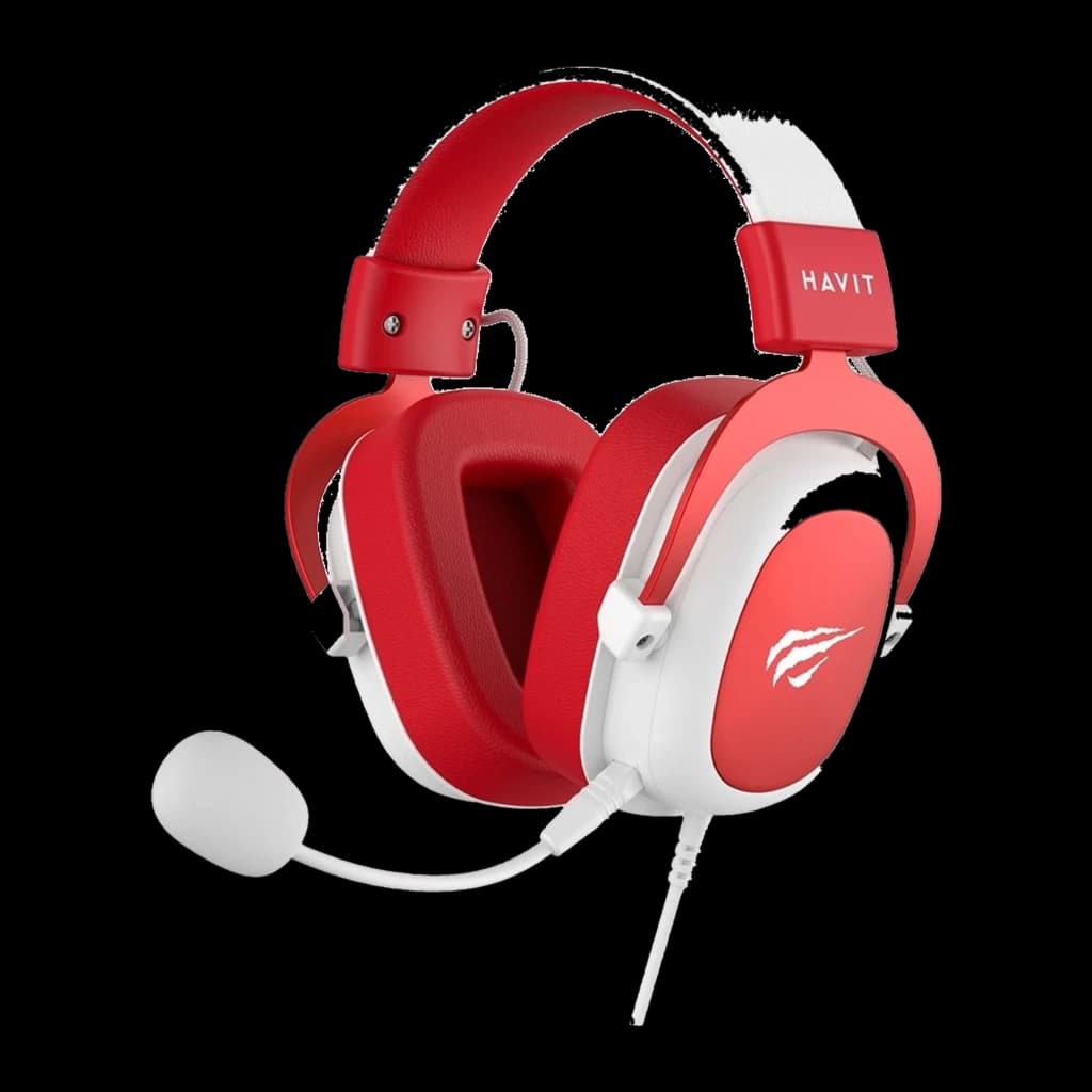 Havit H2002D Gaming Headphones blanco rojo, vista en ángulo: auricular con micrófono flexible, almohadillas rojas y logo