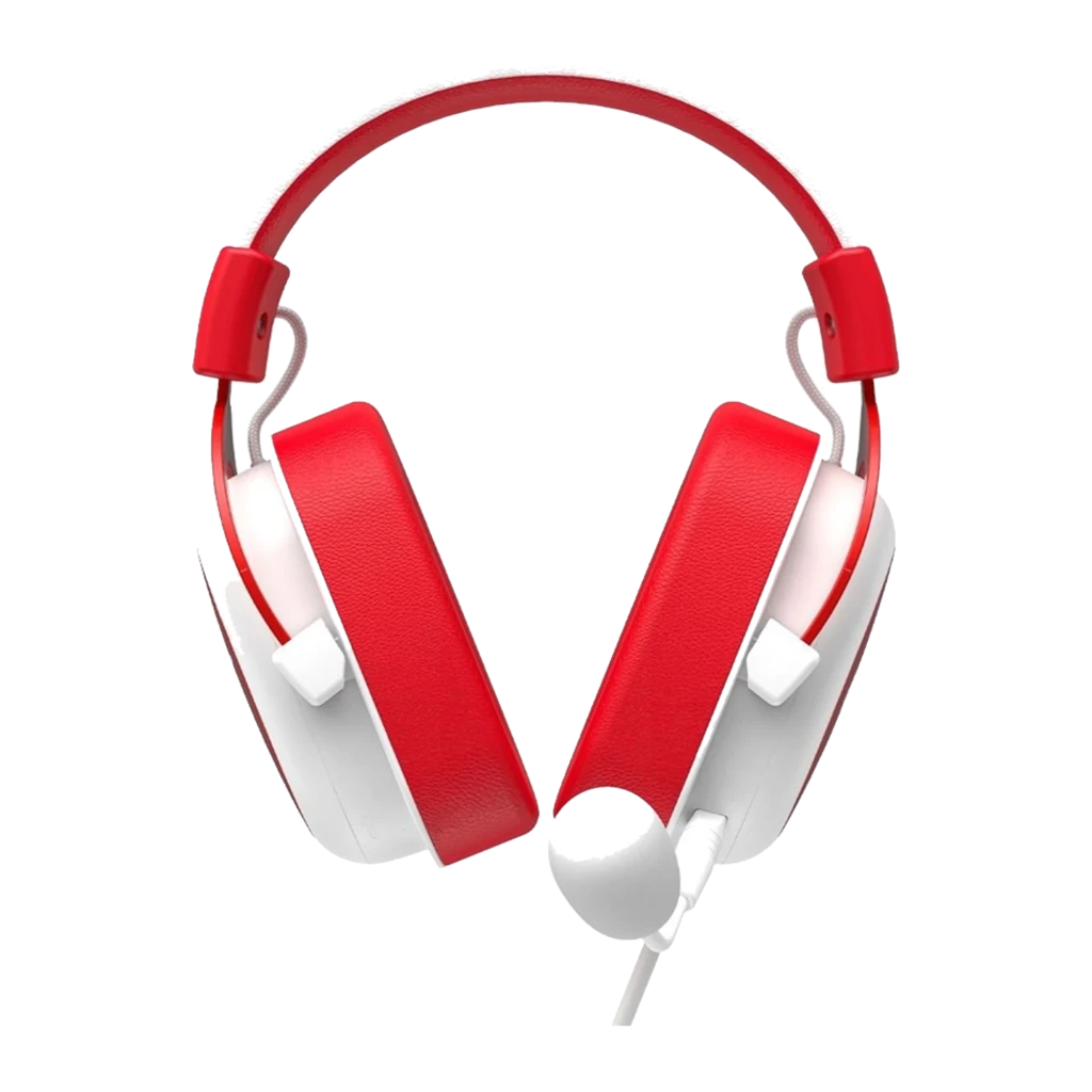 Havit H2002D Gaming Headphones blanco rojo, vista en ángulo: auricular con micrófono flexible, almohadillas rojas y logo - Ítem1