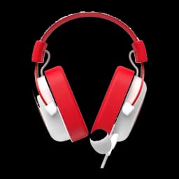 Havit H2002D Gaming Headphones blanco rojo, vista frontal: ambas almohadillas rojas visibles, diadema roja y micrófono