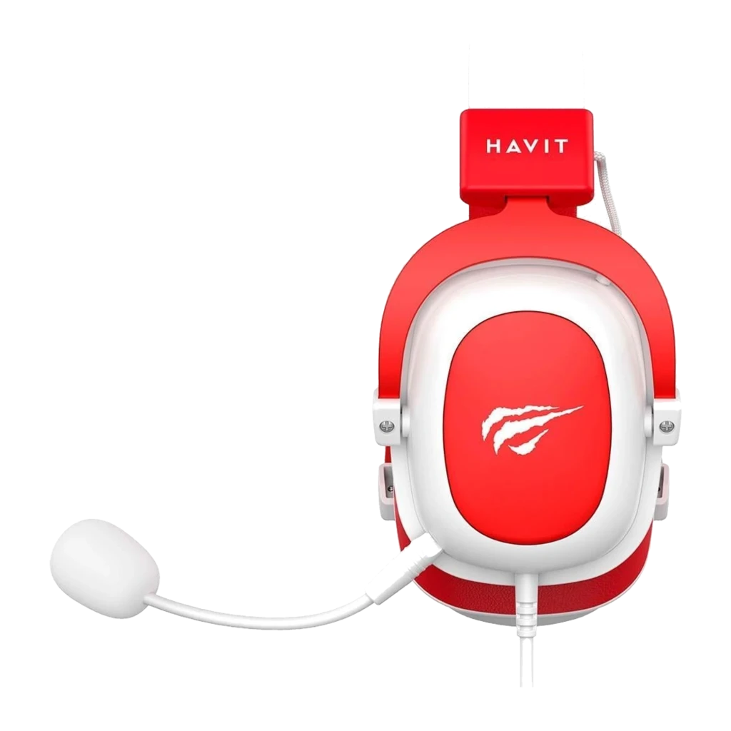 Havit H2002D Gaming Headphones blanco rojo, vista en ángulo: auricular con micrófono flexible, almohadillas rojas y logo - Ítem2