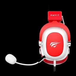Havit H2002D Gaming Headphones blanco rojo, vista lateral: logo garra en copa roja, micrófono blanco y logo Havit en diadema