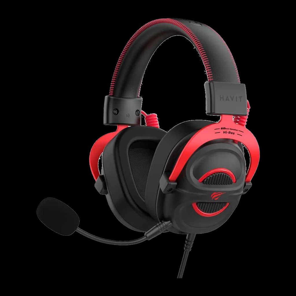 Havit H2002E Pro Headset Negro Rojo, vista diagonal: auricular con micrófono boom, diadema trenzada roja y logo Hi-Res en