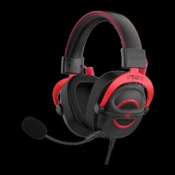 Havit H2002E Pro Headset Negro Rojo, vista diagonal: auricular con micrófono boom, diadema trenzada roja y logo Hi-Res en
