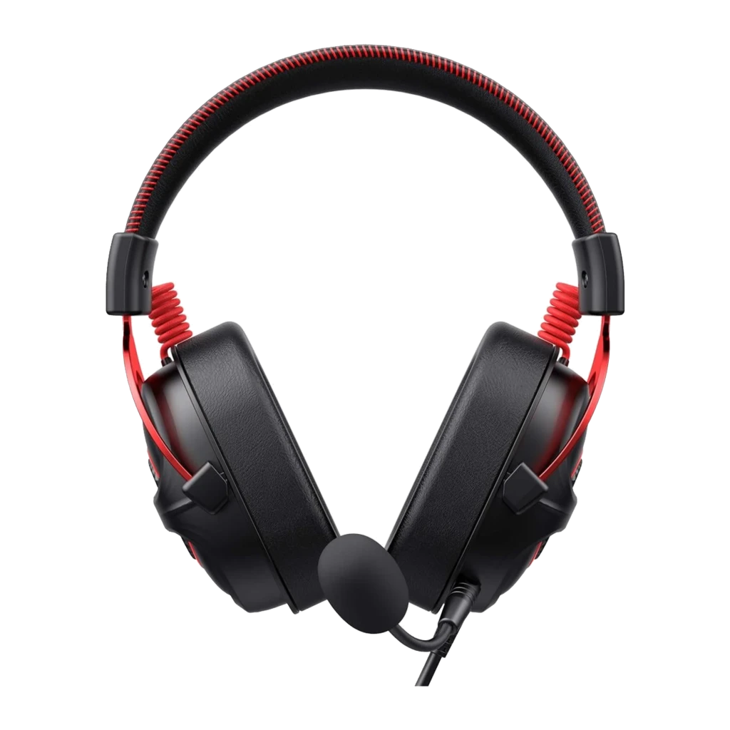 Havit H2002E Pro Headset Negro Rojo, vista diagonal: auricular con micrófono boom, diadema trenzada roja y logo Hi-Res en - Ítem1