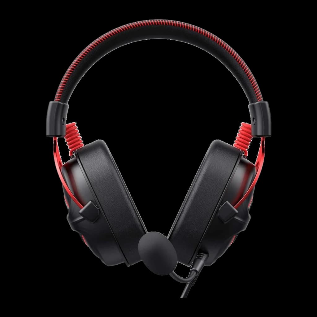 Havit H2002E Pro Headset Negro Rojo, vista frontal: ambas copas visibles, diadema trenzada roja y micrófono boom centrado