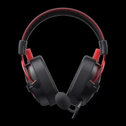 Havit H2002E Pro Headset Negro Rojo, vista frontal: ambas copas visibles, diadema trenzada roja y micrófono boom centrado