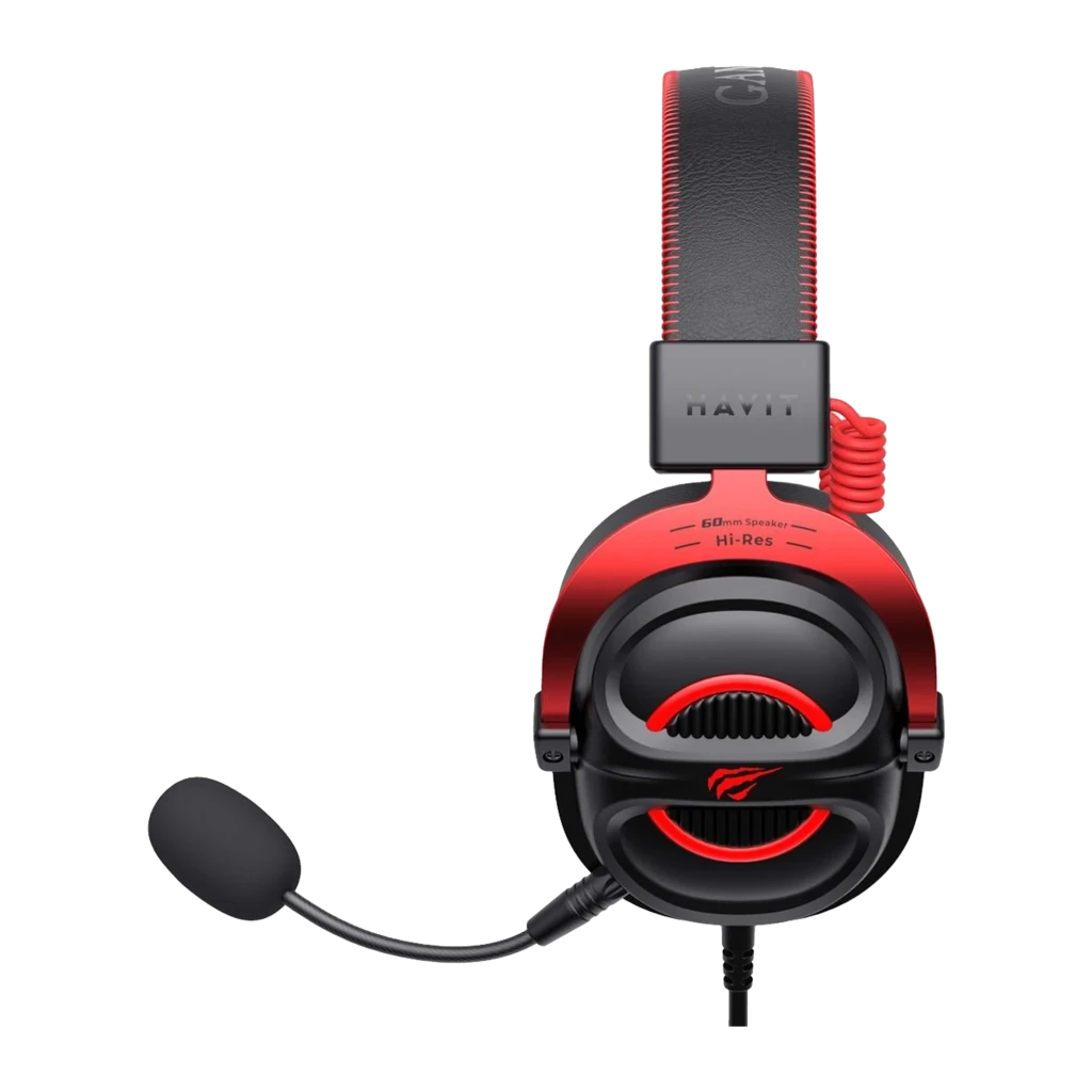 Havit H2002E Pro Headset Negro Rojo, vista diagonal: auricular con micrófono boom, diadema trenzada roja y logo Hi-Res en - Ítem2