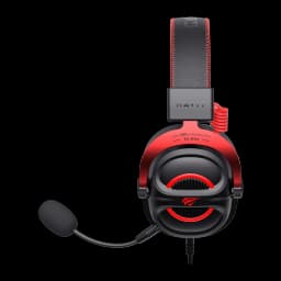 Havit H2002E Pro Headset Negro Rojo, vista lateral derecha: copa con etiqueta 60mm Hi-Res, micrófono boom y diadema acolchada