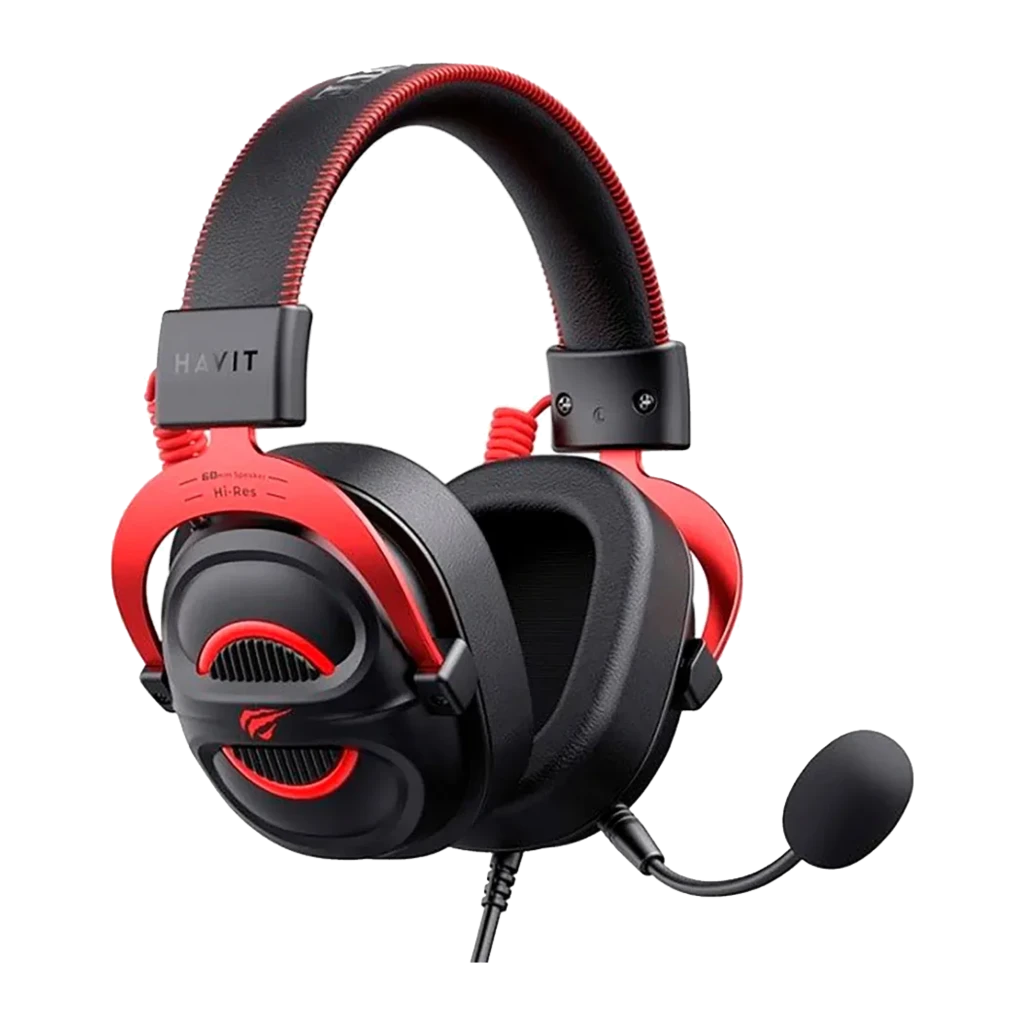 Havit H2002E Pro Headset Negro Rojo, vista diagonal: auricular con micrófono boom, diadema trenzada roja y logo Hi-Res en - Ítem3