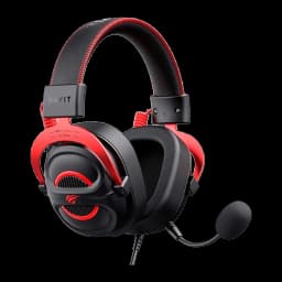 Havit H2002E Pro Headset Negro Rojo, vista diagonal trasera: interior de la copa acolchada visible, micrófono boom y logo