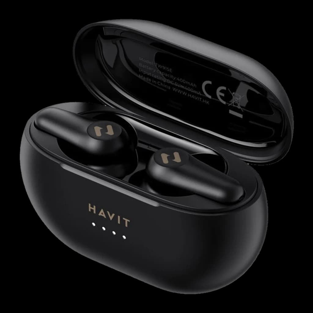 Havit TW915E negro, vista principal: estuche abierto en ángulo con ambos auriculares dentro e indicadores LED