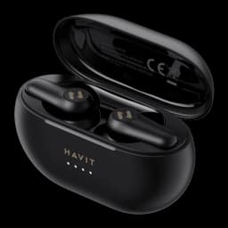 Havit TW915E negro, vista principal: estuche abierto en ángulo con ambos auriculares dentro e indicadores LED