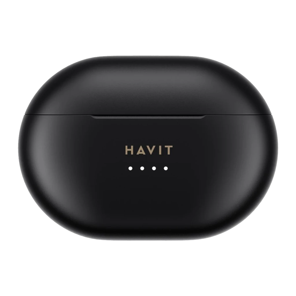 Havit TW915E negro, vista principal: estuche abierto en ángulo con ambos auriculares dentro e indicadores LED - Ítem1