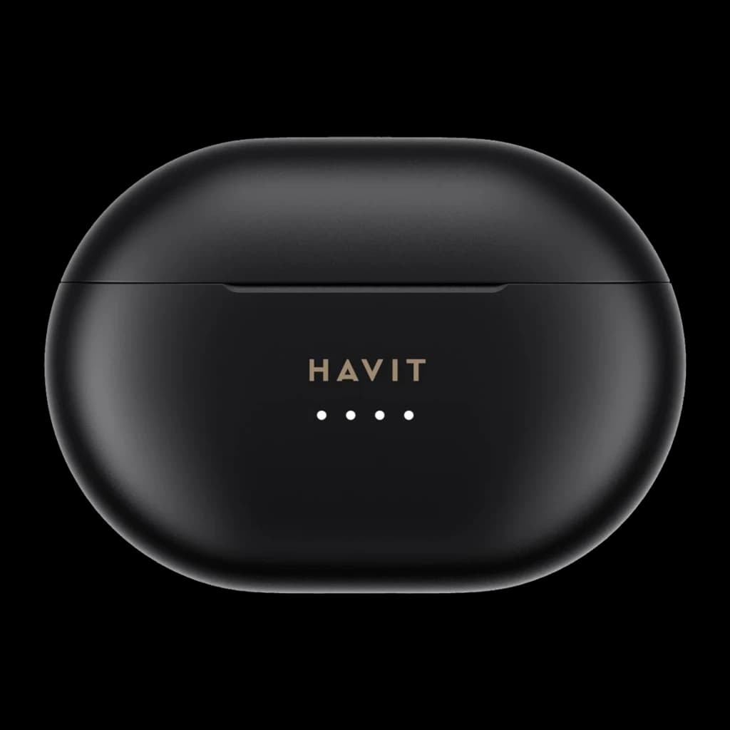 Havit TW915E negro, vista frontal: estuche cerrado con logo dorado HAVIT e indicadores LED de batería