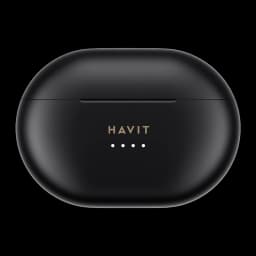 Havit TW915E negro, vista frontal: estuche cerrado con logo dorado HAVIT e indicadores LED de batería