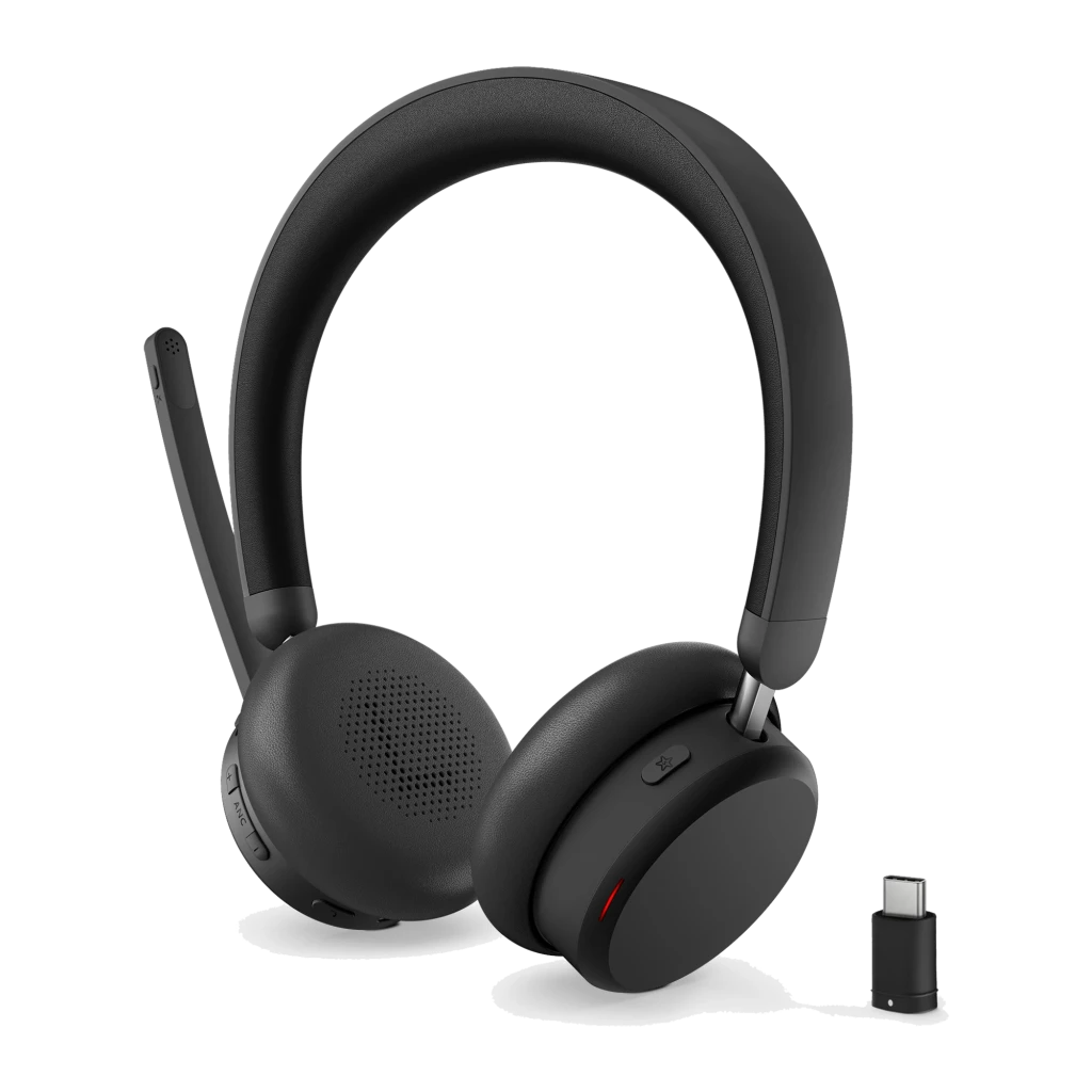 Lenovo Bluetooth Headset 6550 negro, vista frontal en ángulo: auriculares con micrófono boom desplegado y detalle rojo en - Ítem4