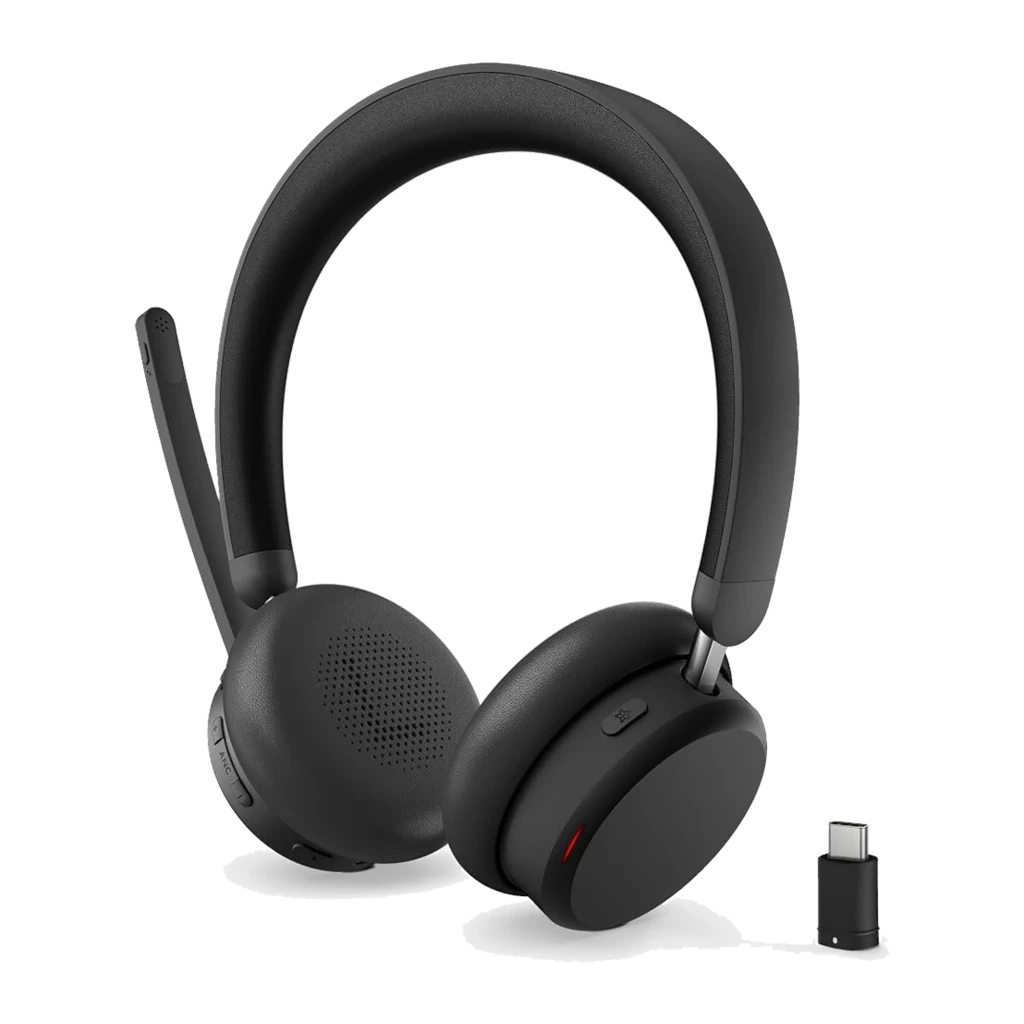Lenovo Bluetooth Headset 6550 negro, vista frontal en ángulo: auriculares con micrófono boom desplegado y detalle rojo en - Ítem5