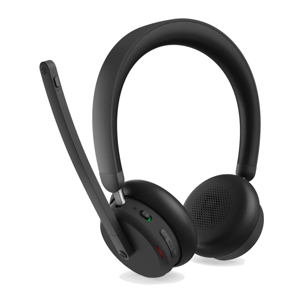 Lenovo Bluetooth Headset 6550 negro, vista frontal en ángulo: auriculares con micrófono boom desplegado y detalle rojo en - Ítem1