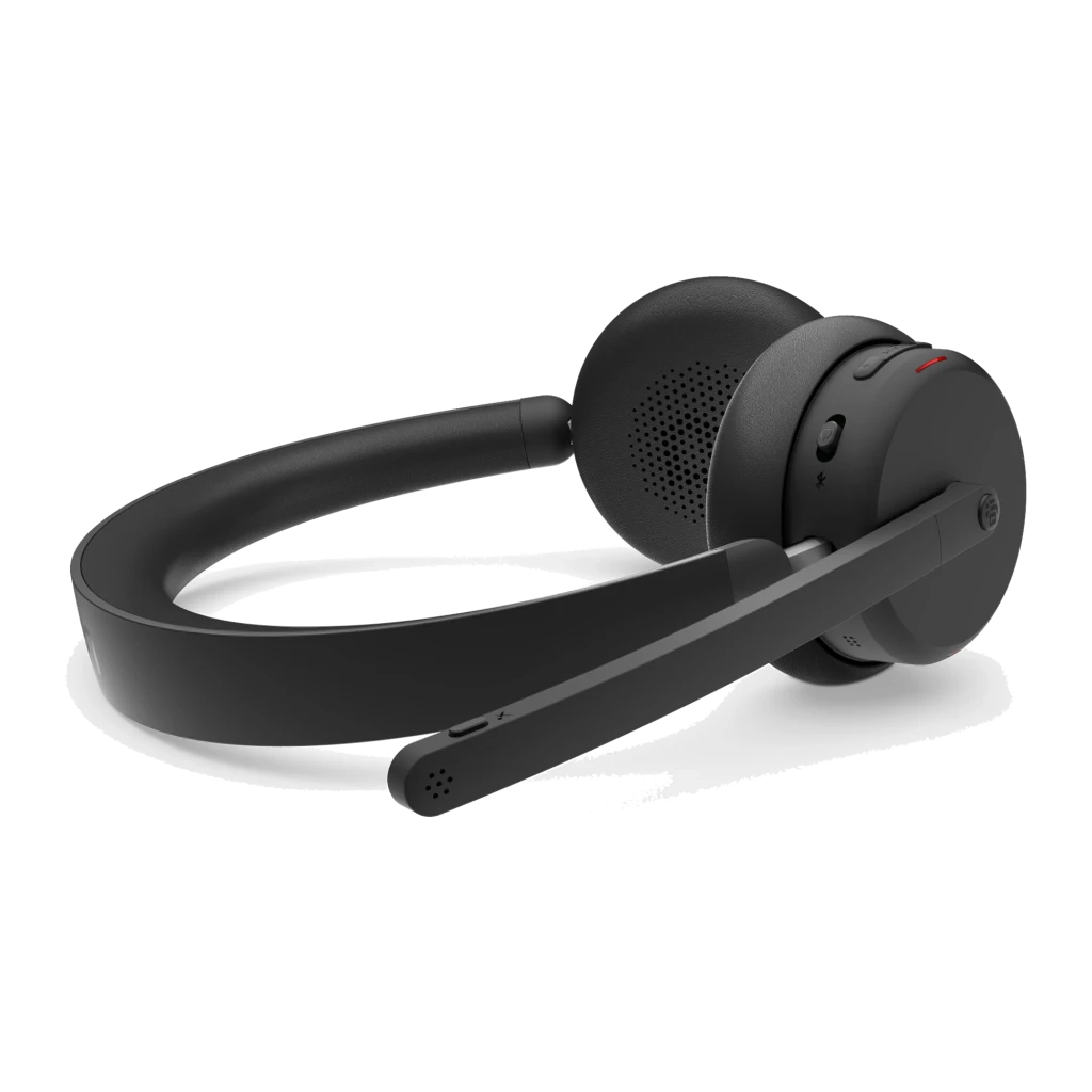 Lenovo Bluetooth Headset 6550 negro, vista frontal en ángulo: auriculares con micrófono boom desplegado y detalle rojo en - Ítem2