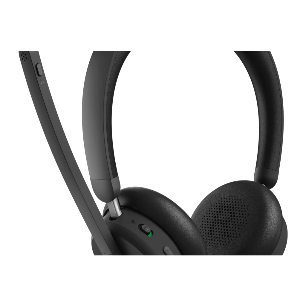 Lenovo Bluetooth Headset 6550 negro, vista frontal en ángulo: auriculares con micrófono boom desplegado y detalle rojo en - Ítem3