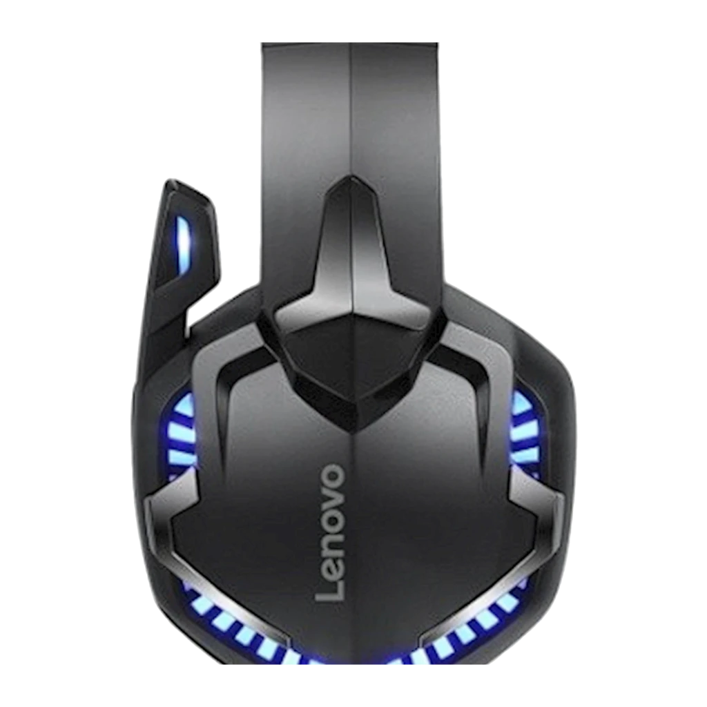Lenovo HS15 negro, vista frontal: auricular gaming con iluminación LED azul, micrófono y cable visibles - Ítem1
