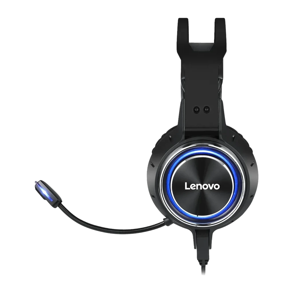 Lenovo HS25 negro, vista en ángulo: auricular gaming con aro LED azul, micrófono flexible iluminado y logo Lenovo - Ítem1