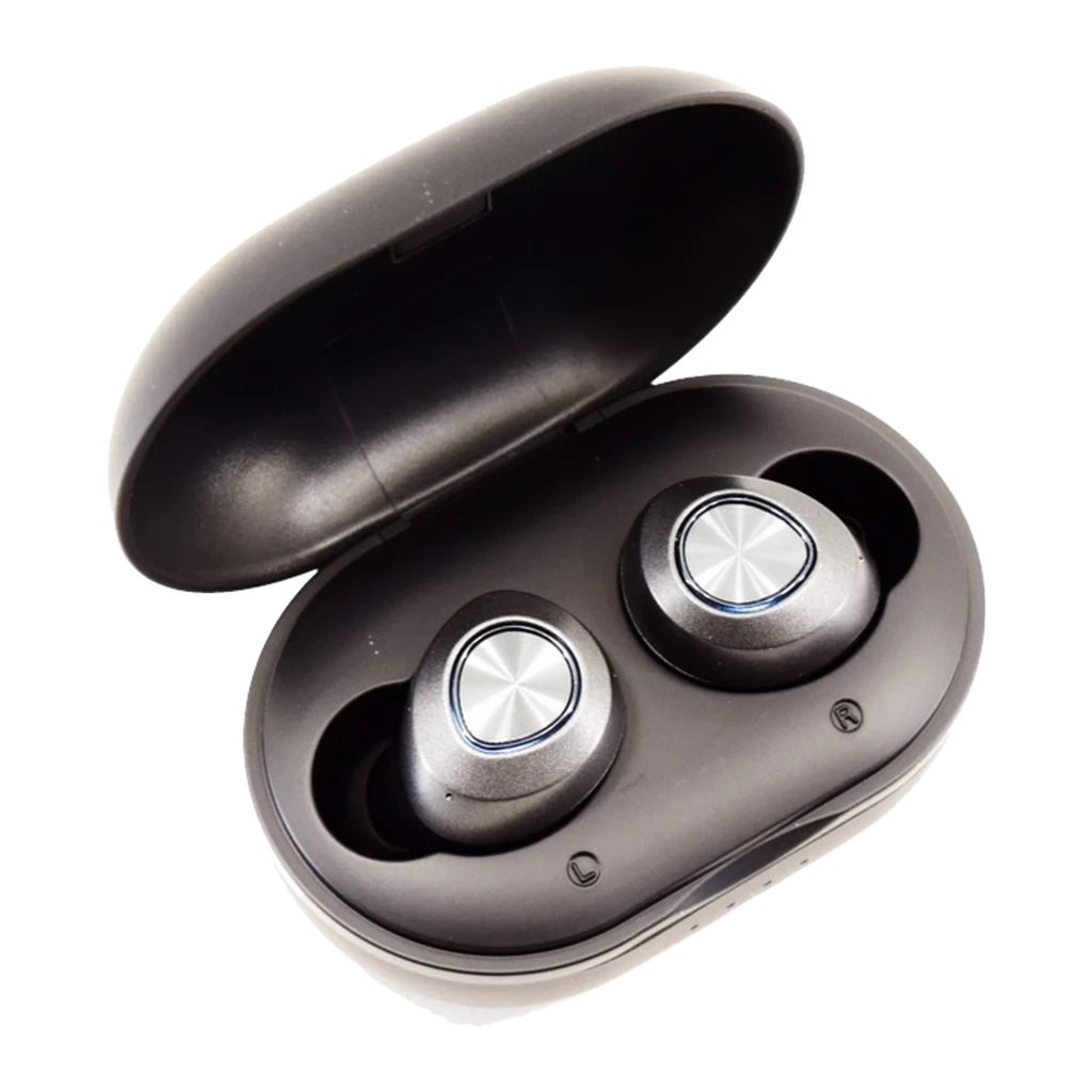 Lenovo HT10 preto, vista frontal superior: auriculares com discos metálicos prateados no estojo aberto - Item1