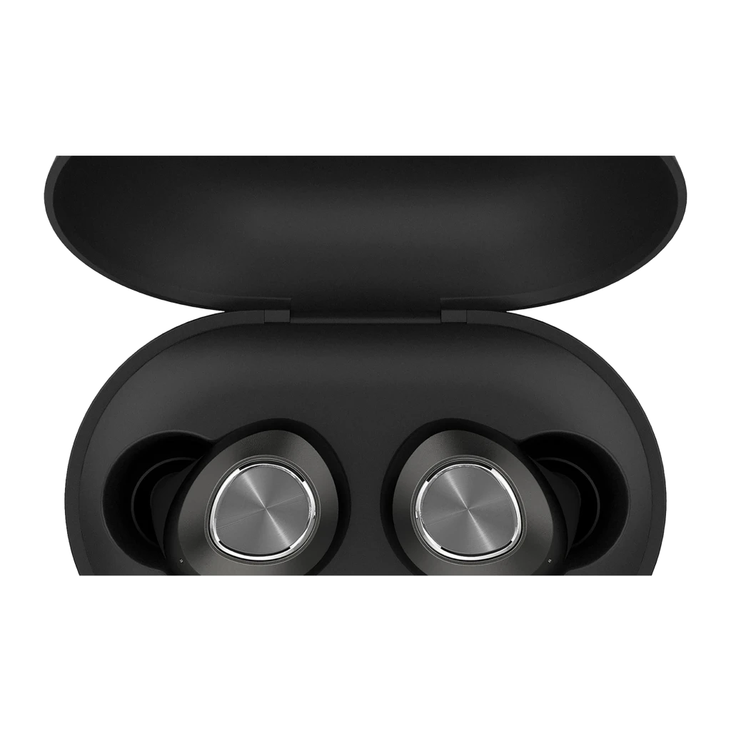 Lenovo HT10 preto, vista frontal superior: auriculares com discos metálicos prateados no estojo aberto - Item2