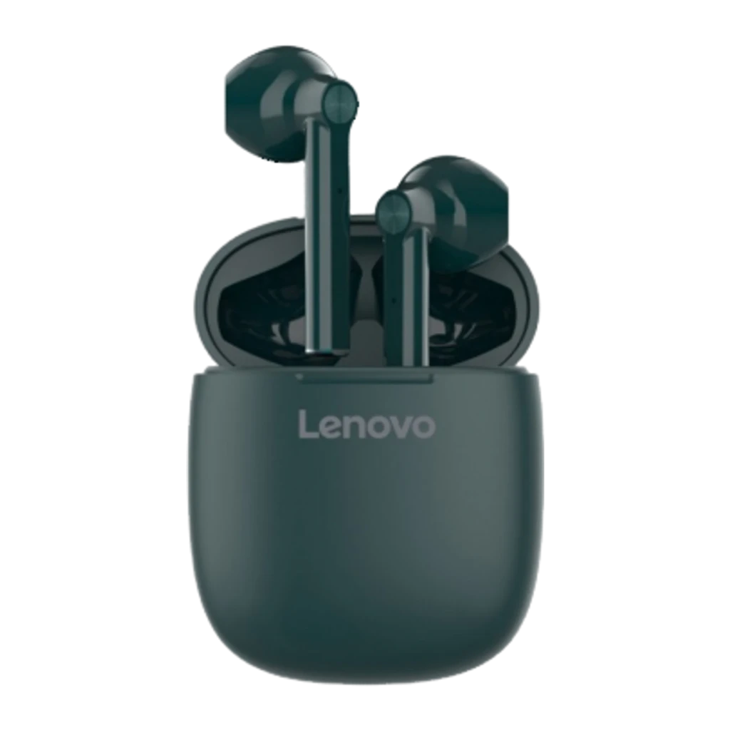 Lenovo HT30 True Wireless Earbuds verde, vista frontal: estuche de carga cerrado con logo Lenovo y ranura de apertura - Ítem2