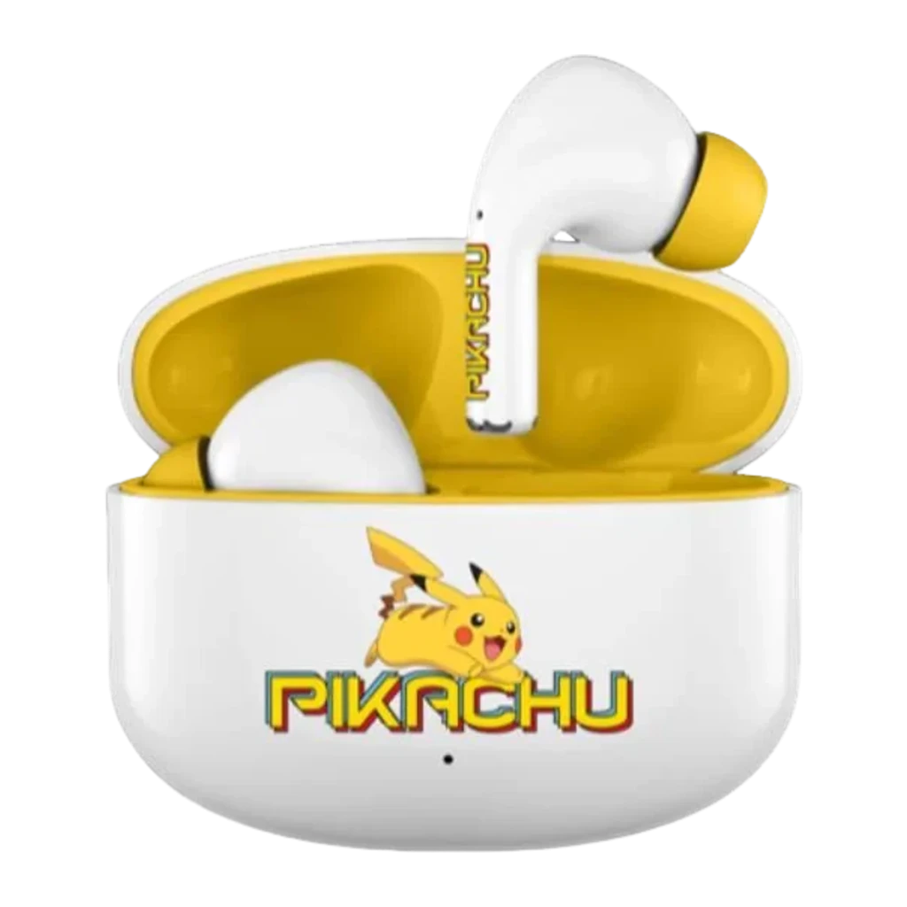 OTL Technologies Pikachu Retro Core TWS blanc, vue principale: étui ouvert intérieur jaune, écouteur sorti et illustration - Ítem1