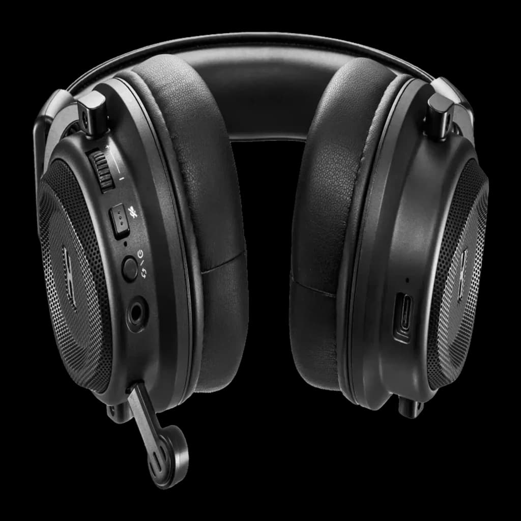 PowerColor ALPHYN AH10 Wireless Gaming Headset negro, vista frontal: auriculares con micrófono plegado, controles laterales