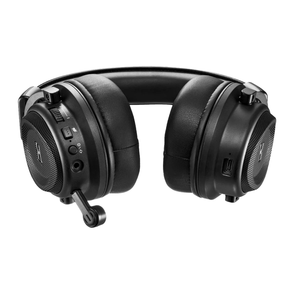 PowerColor ALPHYN AH10 Wireless Gaming Headset negro, vista frontal: auriculares con micrófono plegado, controles laterales - Ítem1