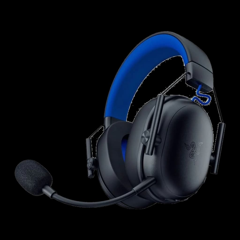 Razer Blackshark V3 X Hyperspeed PlayStation noir, vue latérale gauche: casque avec arceau bleu, micro flexible et logo
