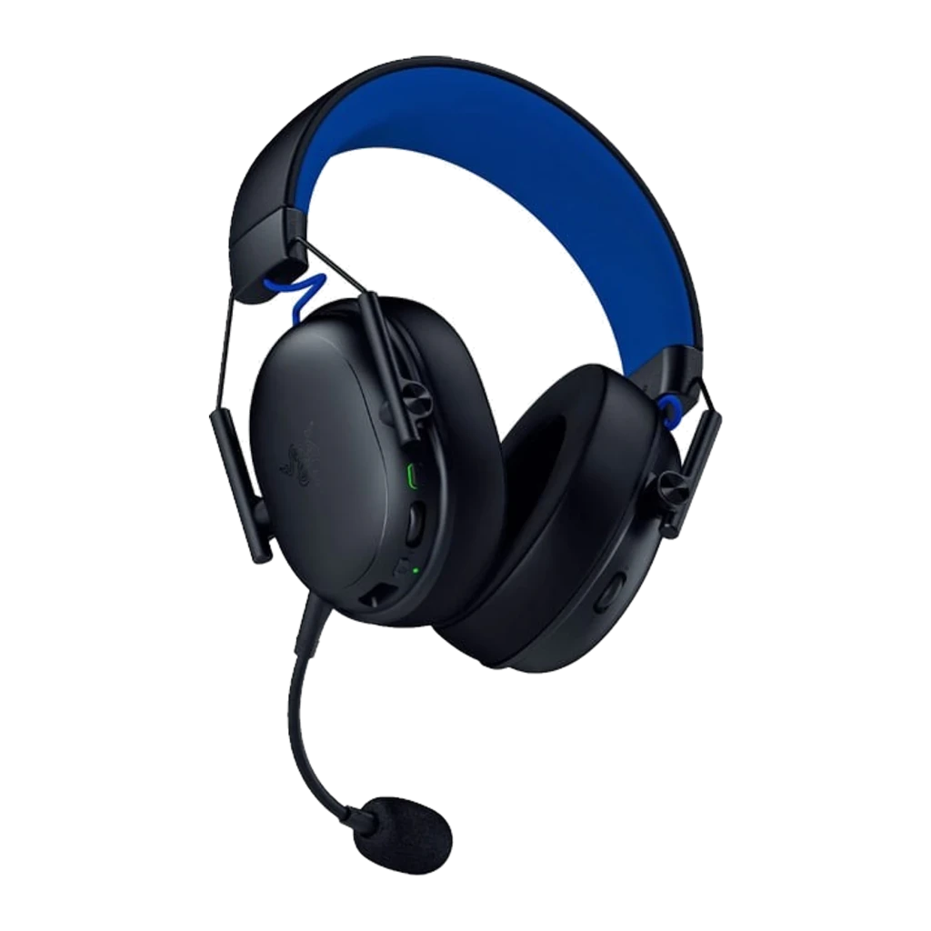Razer Blackshark V3 X Hyperspeed PlayStation negro, vista lateral izquierda: auricular con diadema azul, micrófono flexible - Ítem1
