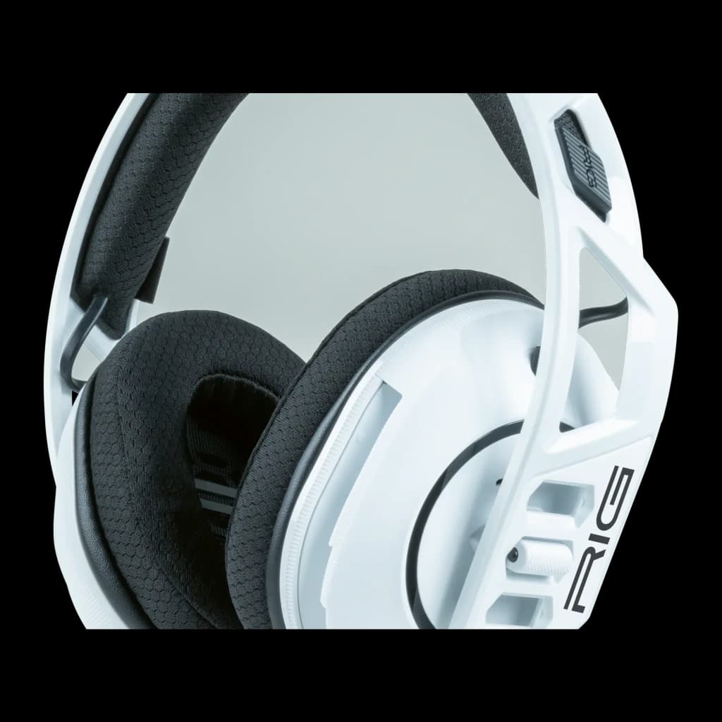 Nacon RIG 600 PRO HS blanco, detalle: almohadilla de tela negra, estructura blanca articulada y logo RIG en la carcasa