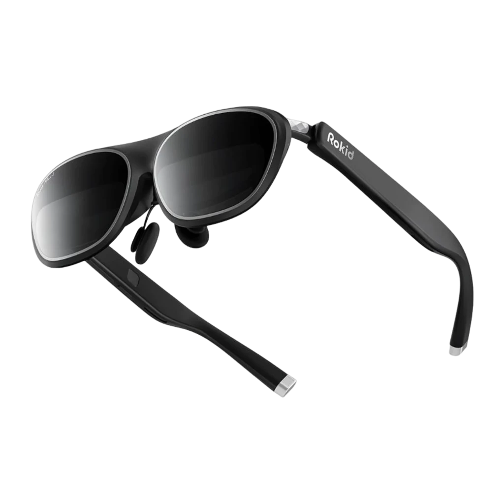 Rokid Max 2 negro, vista frontal en ángulo: gafas AR negras con lentes oscuras, varillas y logo Rokid en patilla - Ítem1