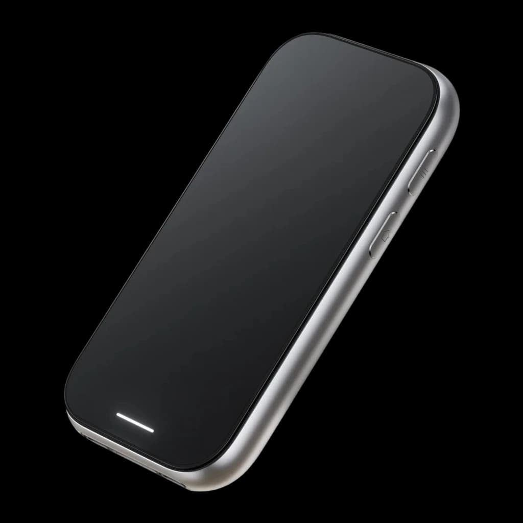 Rokid Station 2 128GB argent, vue avant surélevée: écran éteint, cadre argenté arrondi et boutons latéraux vus du dessus