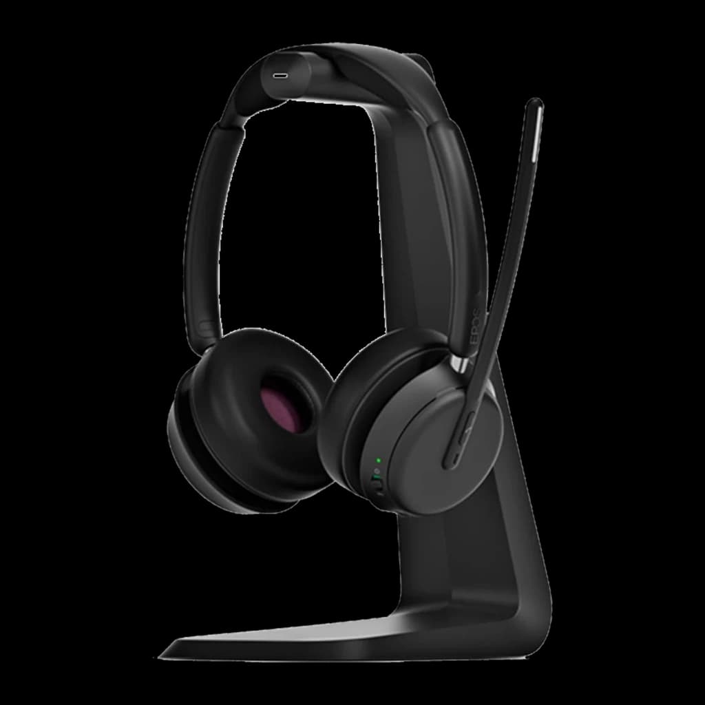 EPOS Sennheiser IMPACT 1061 ANC Duo negro, vista frontal-lateral: auricular binaural con micrófono boom sobre soporte de