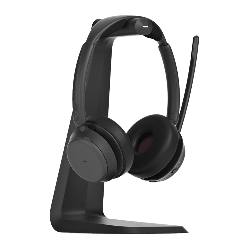 EPOS Sennheiser IMPACT 1061 ANC Duo negro, vista frontal-lateral: auricular binaural con micrófono boom sobre soporte de - Ítem1