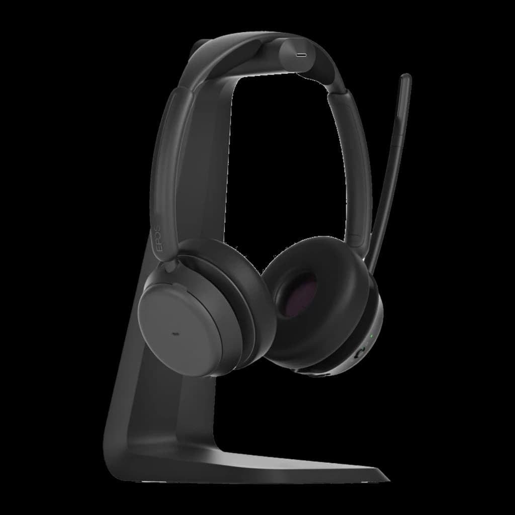 EPOS Sennheiser IMPACT 1061 ANC Duo negro, vista lateral-trasera: auricular en soporte, cojinetes morados visibles y logo